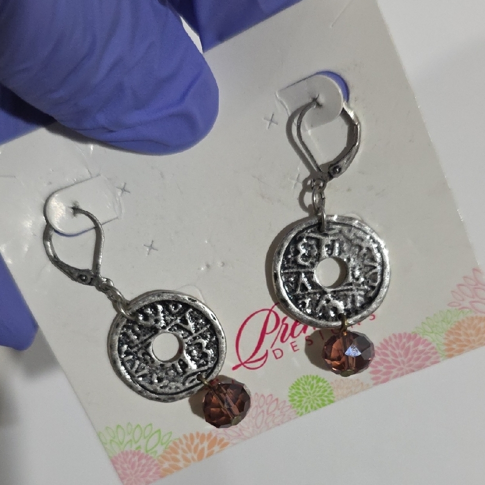 Silver Tribal Earrings with Brown Faceted Crystal Drops – Boho Statement Jewelry - Picture 9 of 9
